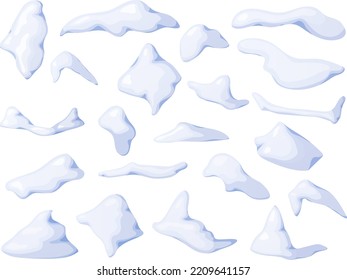 Snow caps and snowdrifts set. Snowy elements isolated on white background. Vector template in cartoon style