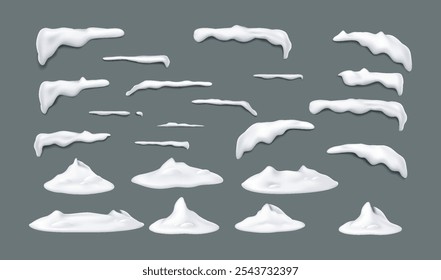 Snow caps and snowdrifts of various shapes realistic color icons set. Winter atmosphere enhancing festive designs 3d objects on grey background