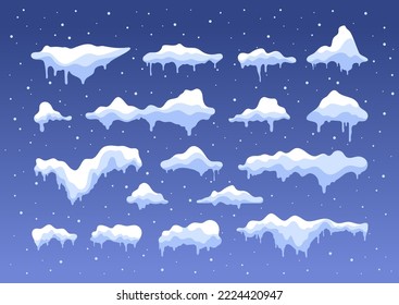 Snow caps. Snowflake snowball ice pile flat cartoon style, snowy frozen winter Christmas decoration elements. Vector isolated collection of ice white frost decoration illustration