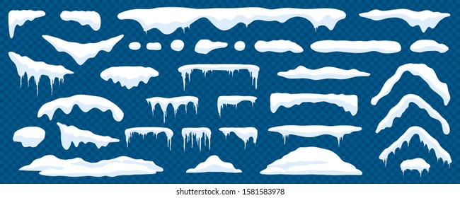 Snow caps, snowy ice and frozen icicles, vector cartoon icons, isolated on transparent background. Abstract snow frost caps and icicles of house roof shape for Christmas and New Year elements design