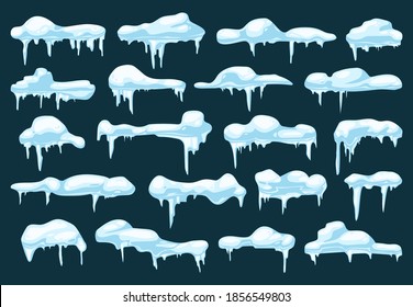 Snow caps, snowy ice and frozen icicles, vector cartoon icons set. Winter snow and frost caps of snowflakes, abstract white and blue elements for Christmas or New Year holiday decoration design