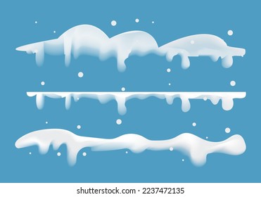 Snow caps, snowy ice and frozen icicles, vector cartoon icons, isolated on transparent background. Abstract snow frost caps for Christmas and New Year elements design