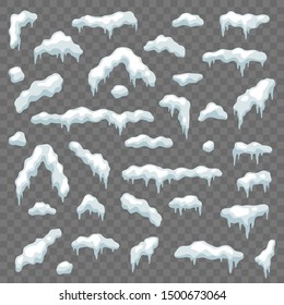 Snow caps. Winter snowy elements snowdrifts and snowflakes. Ice cap, snowballs christmas and new year decor vector cartoon snowing drift iced set