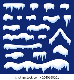 Snow caps. Winter xmas frozen icicles, cartoon christmas snowy elements. Cold weather, snowfall cap effect. Seasonal decorative garish vector set