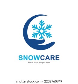 Snow care with hand and snowflake logo vector design. Suitable for business, hand symbol, ecology, nature