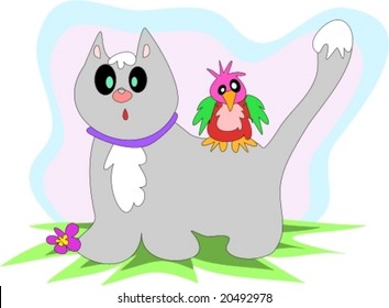 Snow Cat and Parrot Friends Vector