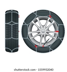 Snow chains on tire. Tire With Mounted Snow Chains isolated on white background. Caution Snow. Winter Driving and road safety.