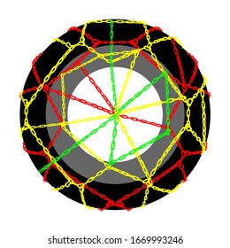 Snow chains on tire vector illustration isolated on white background. Car wheel with snow chains for winter road. Complete set of the winter tire with chains for safety drive.
