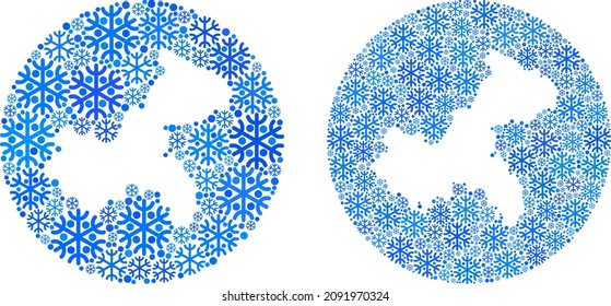 Snow Chongqing City map collage designed with circle and subtracted space. Vector Chongqing City map collage of snowflake parts in various sizes and blue color hues. Designed for Christmas purposes.
