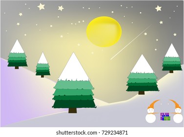 Snow Christmas mountain of winter landscape vector with Full moon and star night sky background,and snowflake with gift box for Holidays