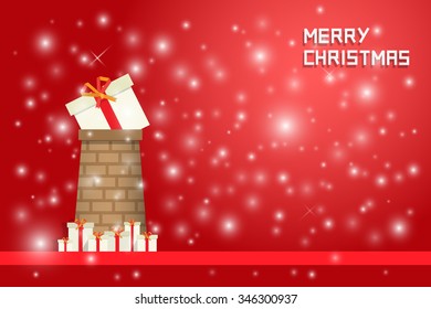 snow and christmas present on  chimney with gift boxes on red backgound
