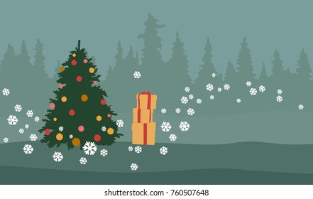 snow and christmas tree with gift boxes on blue background