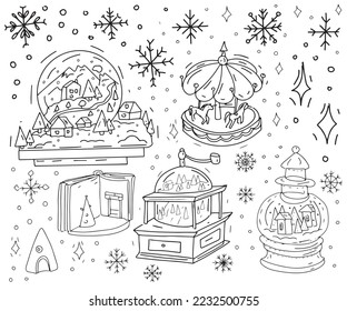 snow christmas winter fairy tale houses forest cozy holiday mood illustration hand drawn greeting card new year holidays stars