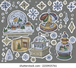 snow christmas winter fairy tale houses forest cozy holiday mood illustration hand drawn greeting card new year holidays stars
