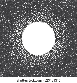 Snow circle with empty space for your text with splash texture. Winter frame made of spots or dots of various size. Round shape. New Year, Christmas abstract background.