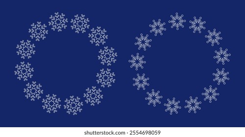 Snow circle frame set. Snowflake Wreath round decor ornament for Winter Season, Christmas and New Year holiday designs.