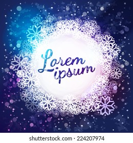 Snow circle label at sky. Winter cloud for text. Seasonal and holidays banner design.