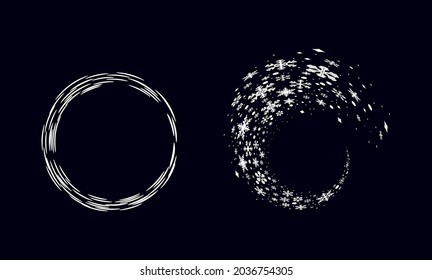 Snow circle. White circle on a dark background, snowflakes and snow balls in a circle. Vector illustration, winter frame, round border, Christmas decoration.