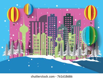 Snow is a city with high buildings and a better environment with the color of the balloon. Mary Christmas and Happy New Year, vector art and illustration.