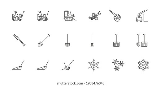 snow cleaning equipment. A set of vector icons in a simple style, isolated on a white background.