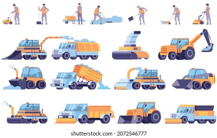 Snow cleaning flat set of snow removal machinery and people with shovels and handle snowplow vector illustration