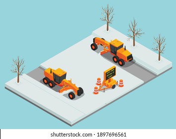 Snow cleaning removal machinery isometric composition with view of clearing vehicles on road with traffic cones vector illustration