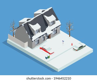 Snow Cleaning Removal Machinery Isometric Composition With Outdoor Winter View Of Snowy Living House And Cars Vector Illustration