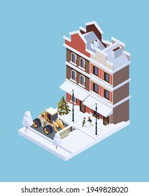 Snow cleaning. Storm winter cold weather vehicle urban ice cleaner garish vector isometric concept illustration 3d low poly