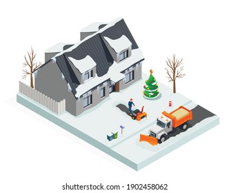 Snow Cleaning Suburban Composition With Man Using Handle Snowplow And Snow Plow Removal Truck Cleaning Snowy Road Isometric Vector Illustration