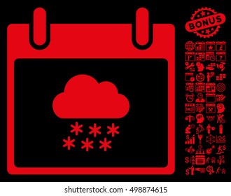Snow Cloud Calendar Day icon with bonus calendar and time management symbols. Vector illustration style is flat iconic symbols, red, black background.