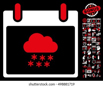 Snow Cloud Calendar Day icon with bonus calendar and time management pictograms. Vector illustration style is flat iconic symbols, red and white, black background.