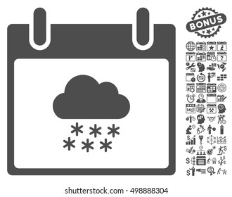 Snow Cloud Calendar Day icon with bonus calendar and time management graphic icons. Vector illustration style is flat iconic symbols, gray, white background.