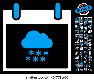 Snow Cloud Calendar Day icon with bonus calendar and time management icon set. Vector illustration style is flat iconic symbols, blue and white, black background.