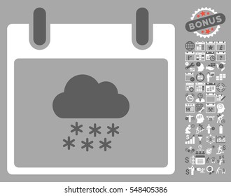Snow Cloud Calendar Day icon with bonus calendar and time management graphic icons. Vector illustration style is flat iconic symbols, dark gray and white, silver background.