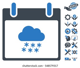 Snow Cloud Calendar Day icon with bonus service icon set. Vector illustration style is flat iconic symbols, smooth blue, white background.
