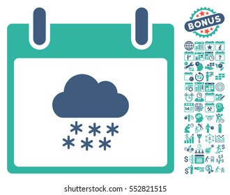 Snow Cloud Calendar Day icon with bonus calendar and time management images. Vector illustration style is flat iconic symbols, cobalt and cyan, white background.