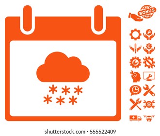 Snow Cloud Calendar Day icon with bonus tools clip art. Vector illustration style is flat iconic symbols, orange, white background.