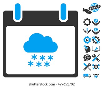 Snow Cloud Calendar Day pictograph with bonus options design elements. Vector illustration style is flat iconic symbols, blue and gray, white background.