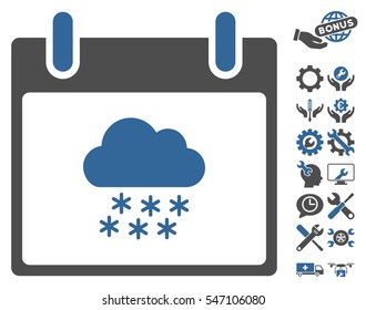 Snow Cloud Calendar Day pictograph with bonus options pictures. Vector illustration style is flat iconic symbols, cobalt and gray, white background.