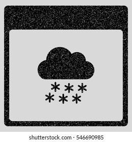 Snow Cloud Calendar Page grainy textured icon for overlay watermark stamps. Flat symbol with scratched texture. Dotted vector black ink rubber seal stamp with grunge design on a light gray background.