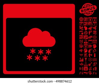 Snow Cloud Calendar Page icon with bonus calendar and time management symbols. Vector illustration style is flat iconic symbols, red, black background.