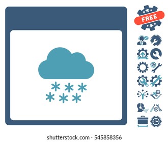 Snow Cloud Calendar Page icon with bonus setup tools pictograph collection. Vector illustration style is flat iconic symbols, cyan and blue, white background.