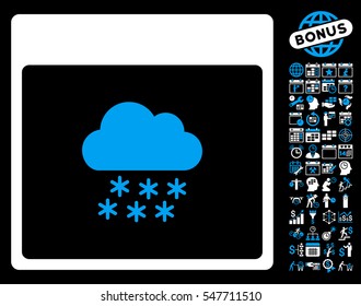 Snow Cloud Calendar Page icon with bonus calendar and time management design elements. Vector illustration style is flat iconic symbols, blue and white, black background.
