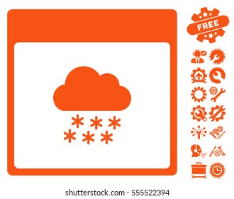 Snow Cloud Calendar Page icon with bonus setup tools design elements. Vector illustration style is flat iconic symbols, orange, white background.