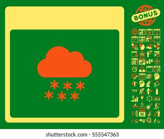 Snow Cloud Calendar Page icon with bonus calendar and time management pictures. Vector illustration style is flat iconic symbols, orange and yellow, green background.