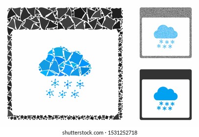 Snow cloud calendar page mosaic of abrupt parts in variable sizes and color tinges, based on snow cloud calendar page icon. Vector trembly pieces are composed into mosaic.
