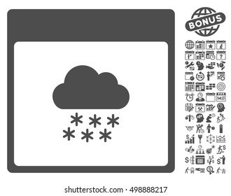 Snow Cloud Calendar Page pictograph with bonus calendar and time management symbols. Vector illustration style is flat iconic symbols, gray, white background.