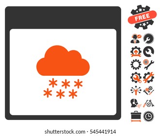 Snow Cloud Calendar Page pictograph with bonus settings pictograms. Vector illustration style is flat iconic symbols, orange and gray, white background.