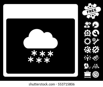 Snow Cloud Calendar Page pictograph with bonus configuration symbols. Vector illustration style is flat iconic symbols, white, black background.