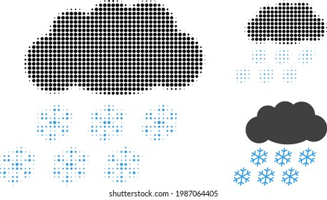 Icono de punteado de media tonalidad de nube de nieve. La matriz de semitono contiene puntos redondos. Ilustración vectorial del icono de la nube de nieve en un fondo blanco.